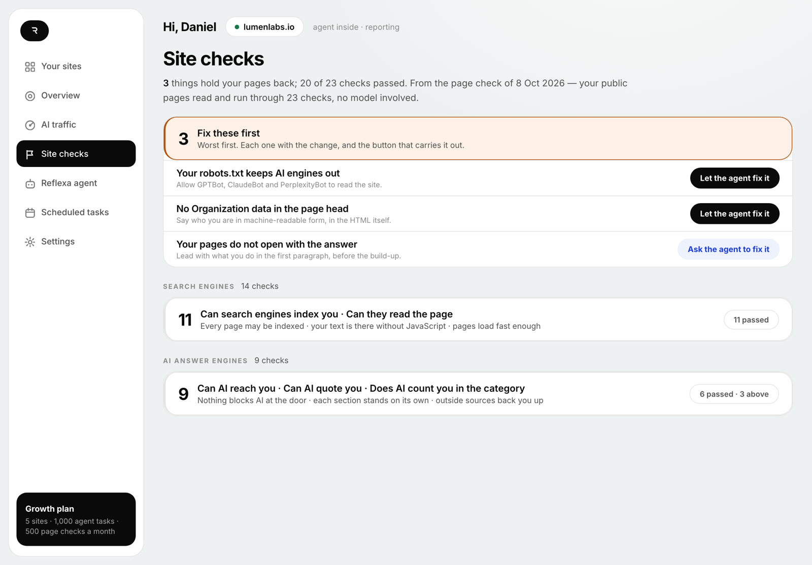 The site checks page: three things hold the pages back, 20 of 23 checks passed, each finding with the button that carries the fix out